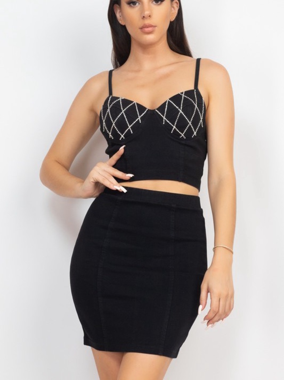 Black Denim Rhinestone Crop Top and Mini Skirt Set - Picture 2 of 7